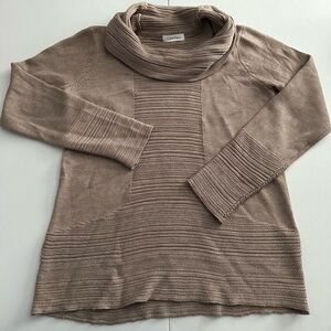 EUC CALVIN KLEIN Sweater Womans Tan Cable Knit Cowl Neck Long Sleeve Pullover